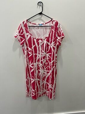 J. McLaughlin Pink Bamboo Print Dress Size L Short Sleeve Knit Shift Tunic